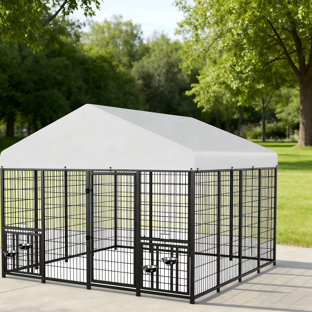 Outdoor Dog Kennel with Roof, Heavy Duty Steel Dog Run Enclosure for Large Dogs, Waterproof Canopy, Double Latch Door, Adjustable Feeding Bowls, Pet Pen for Yard and Patio
