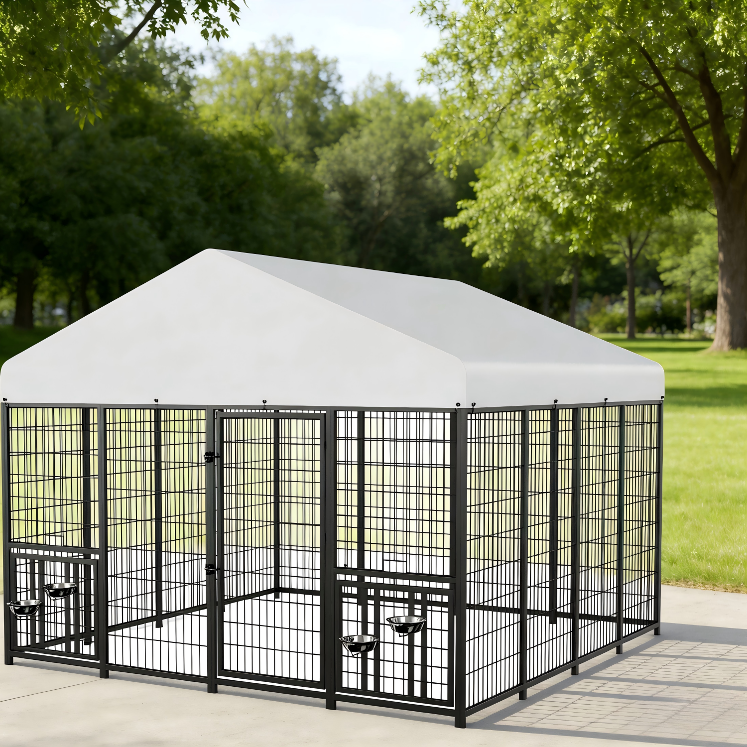 Outdoor Dog Kennel with Roof, Heavy Duty Steel Dog Run Enclosure for Large Dogs, Waterproof Canopy, Double Latch Door, Adjustable Feeding Bowls, Pet Pen for Yard and Patio