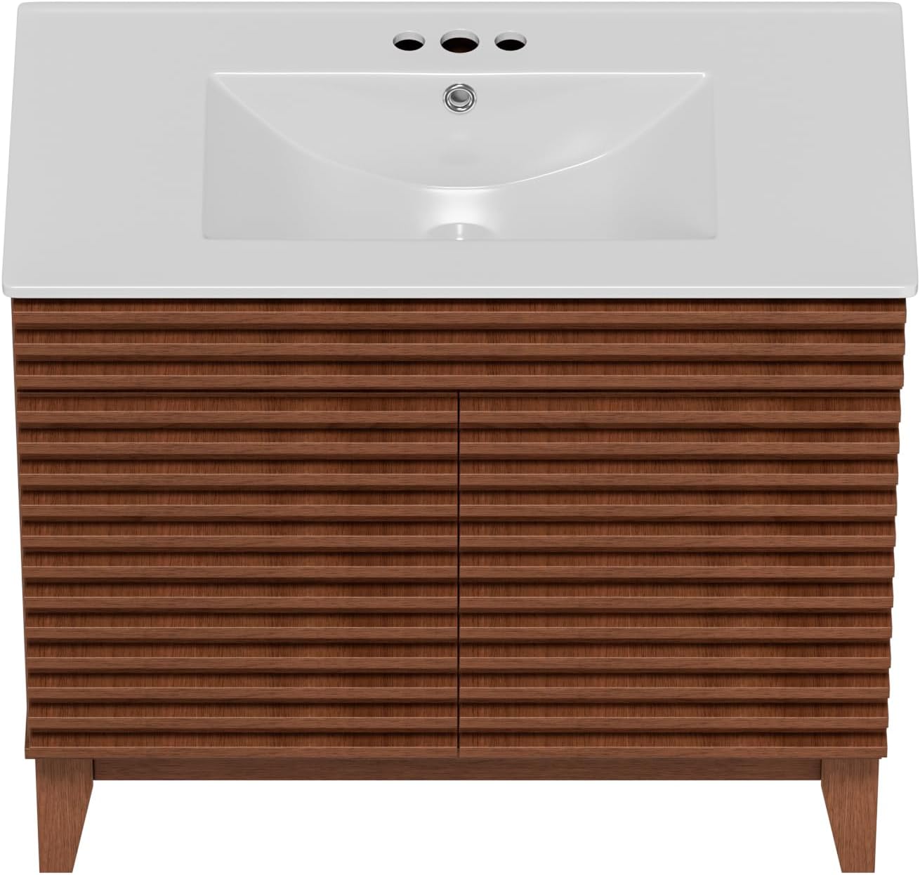 36" Bathroom Vanity with Sink, Mid-Century Freestanding Bathroom Vanity Sink with Storage, Undermount Ceramic Sink, Particleboard Frame with Wood Grain Laminate, Walnut