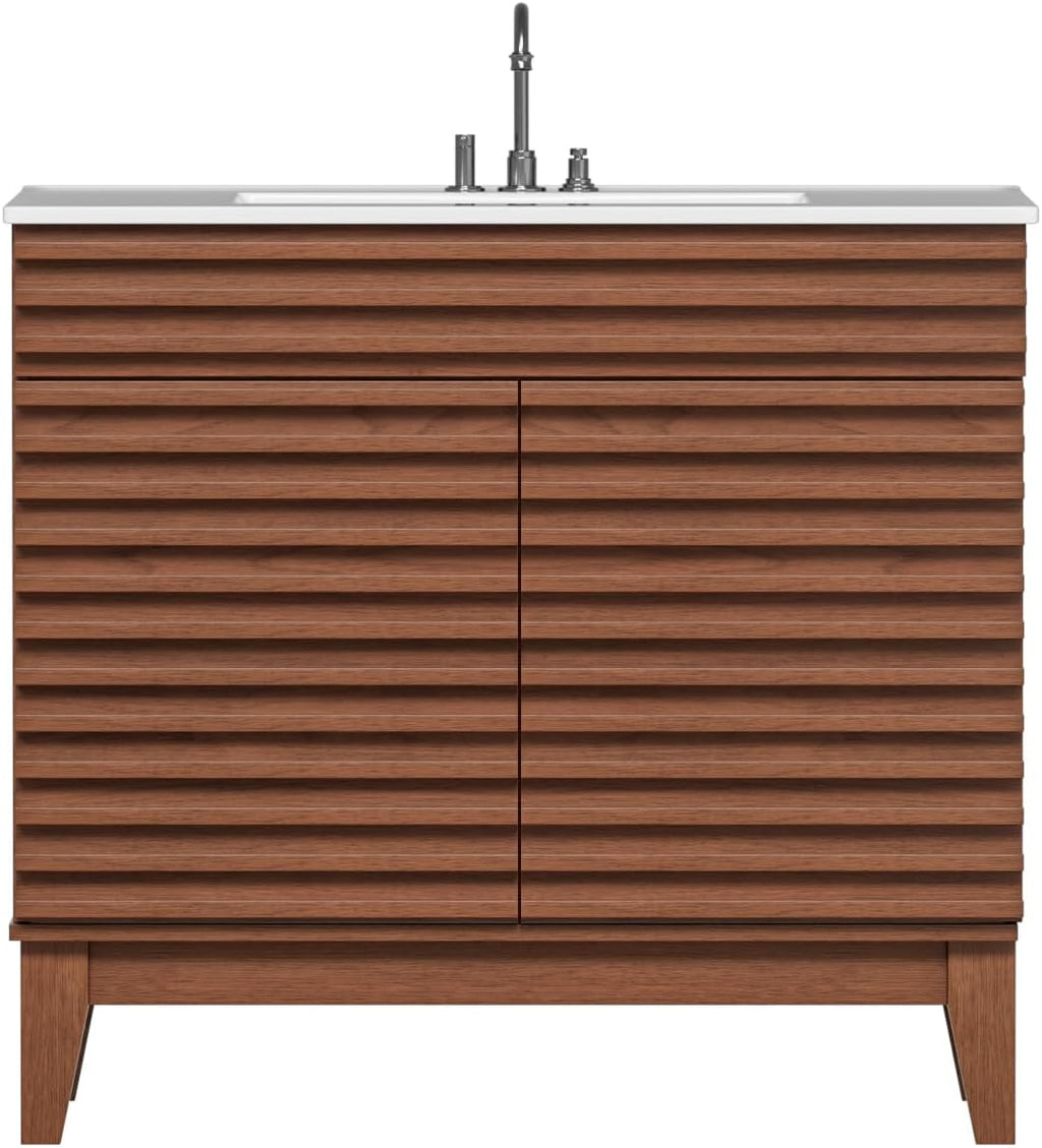 36" Bathroom Vanity with Sink, Mid-Century Freestanding Bathroom Vanity Sink with Storage, Undermount Ceramic Sink, Particleboard Frame with Wood Grain Laminate, Walnut
