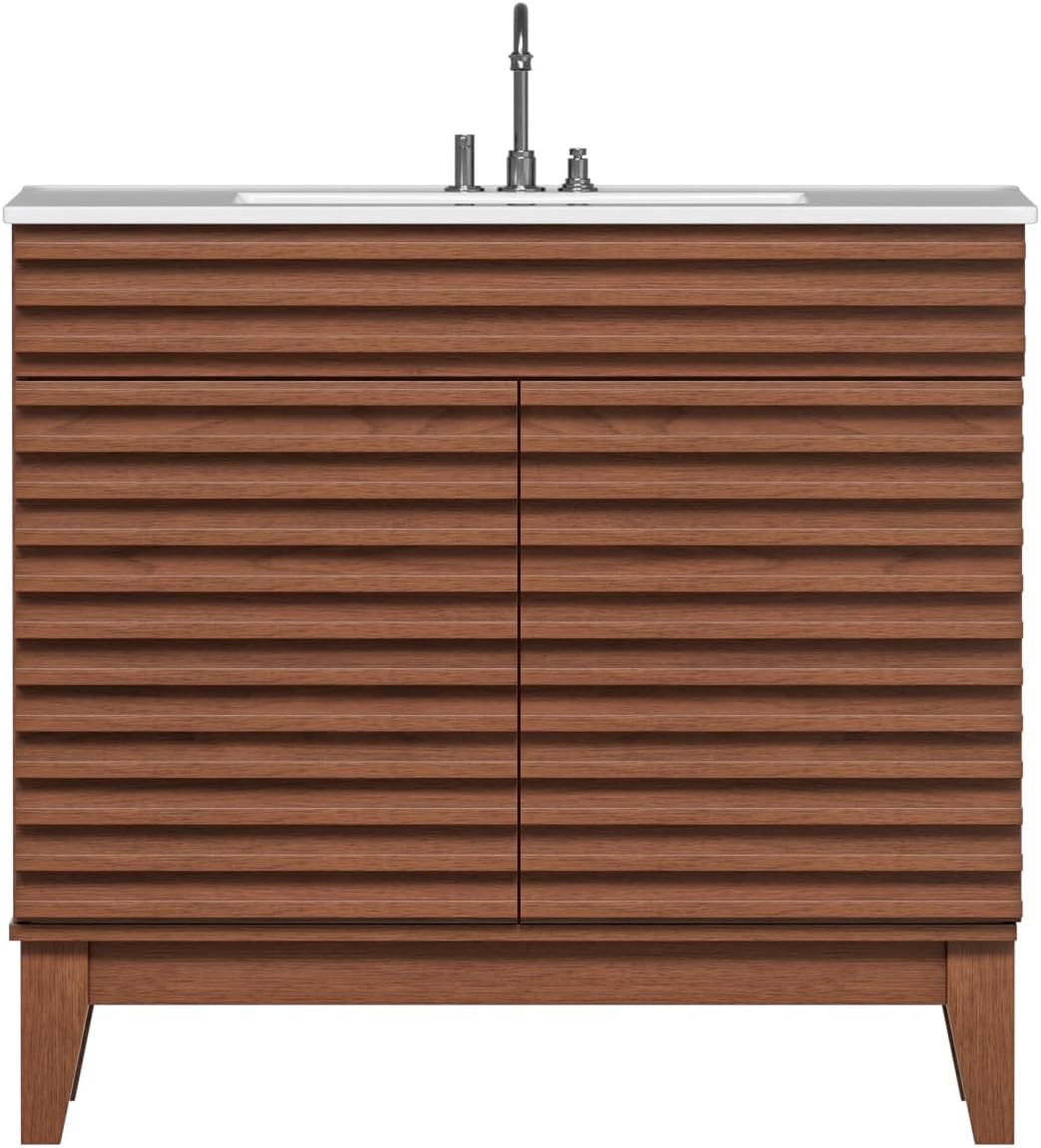 36" Bathroom Vanity with Sink, Mid-Century Freestanding Bathroom Vanity Sink with Storage, Undermount Ceramic Sink, Particleboard Frame with Wood Grain Laminate, Walnut