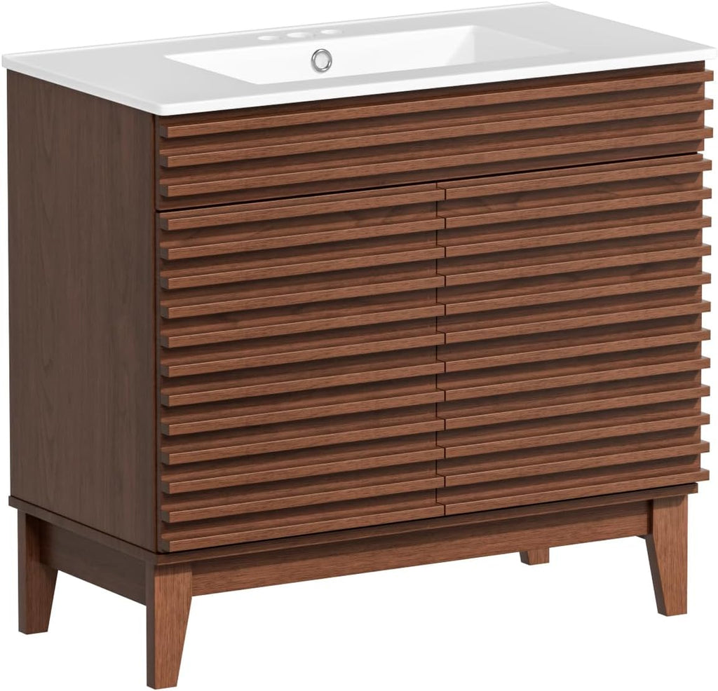 36" Bathroom Vanity with Sink, Mid-Century Freestanding Bathroom Vanity Sink with Storage, Undermount Ceramic Sink, Particleboard Frame with Wood Grain Laminate, Walnut