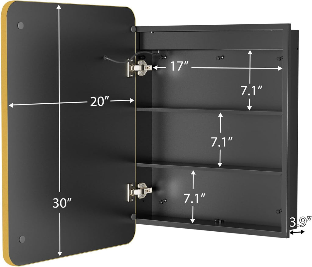 Lighted Medicine Cabinet with Mirror 20"x30", Bathroom Mirror Cabinet with Lights and Storage, Single Doors Bathroom Wall Cabinet with LED Lights,Gold