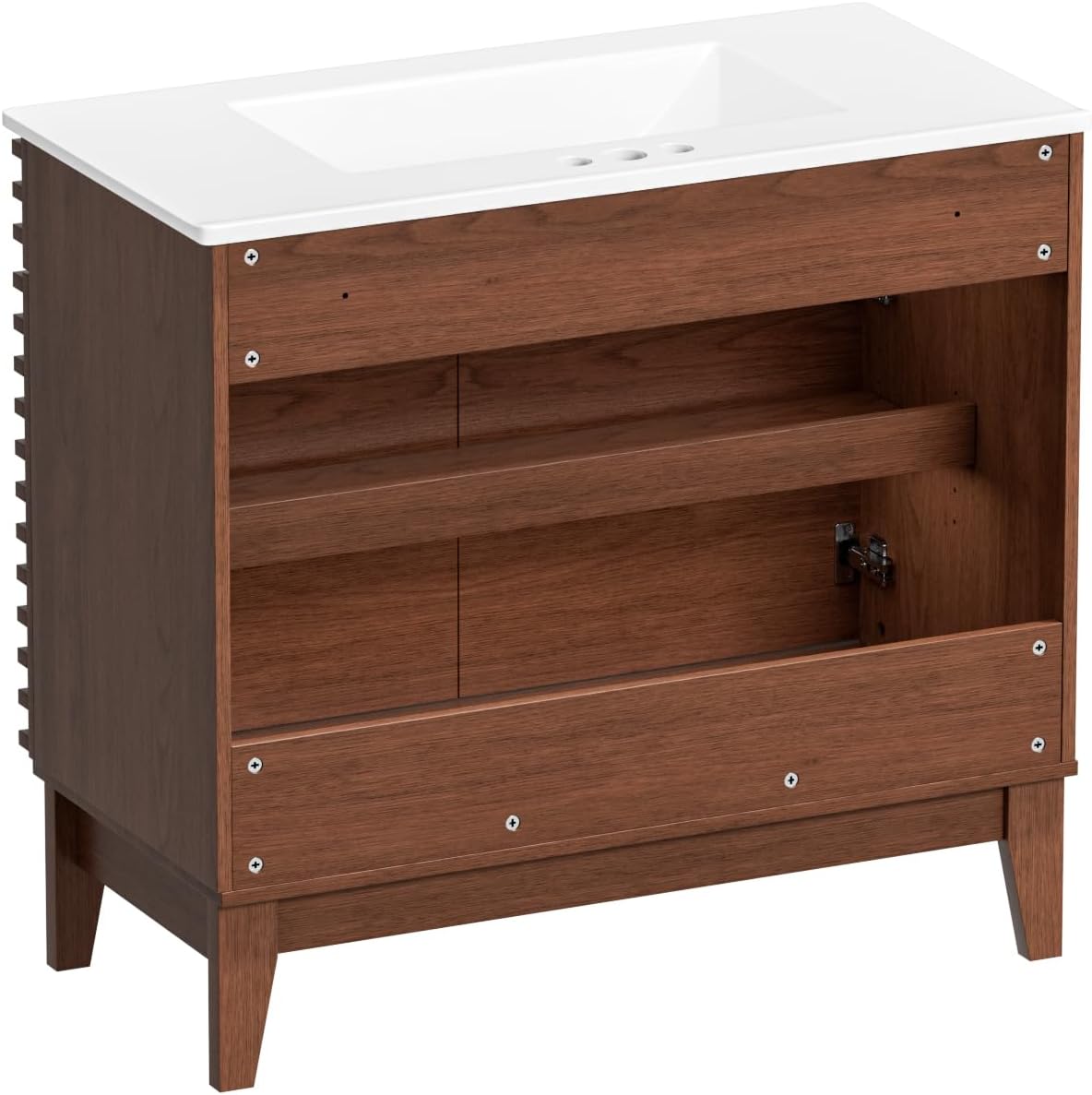 36" Bathroom Vanity with Sink, Mid-Century Freestanding Bathroom Vanity Sink with Storage, Undermount Ceramic Sink, Particleboard Frame with Wood Grain Laminate, Walnut