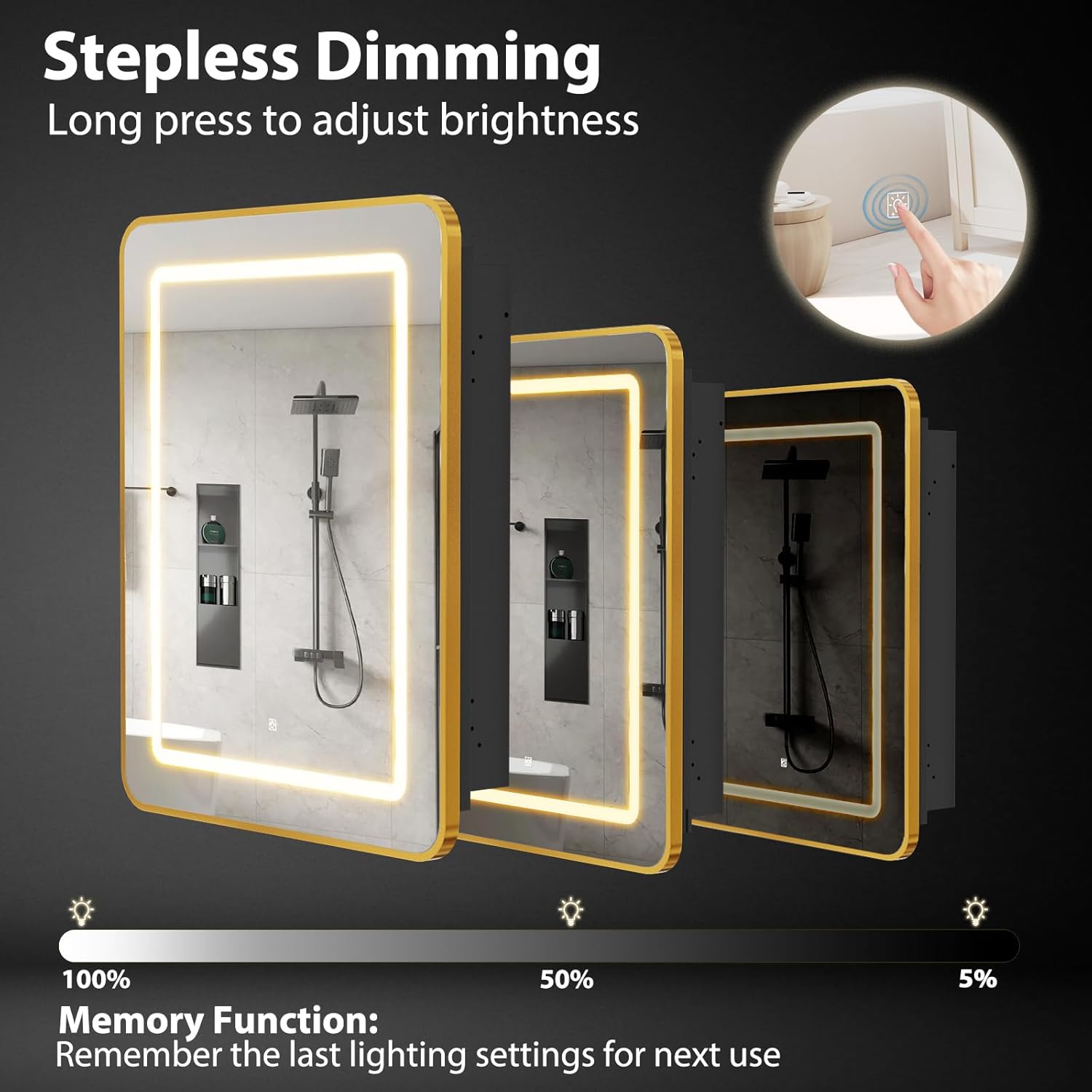 Lighted Medicine Cabinet with Mirror 20"x30", Bathroom Mirror Cabinet with Lights and Storage, Single Doors Bathroom Wall Cabinet with LED Lights,Gold