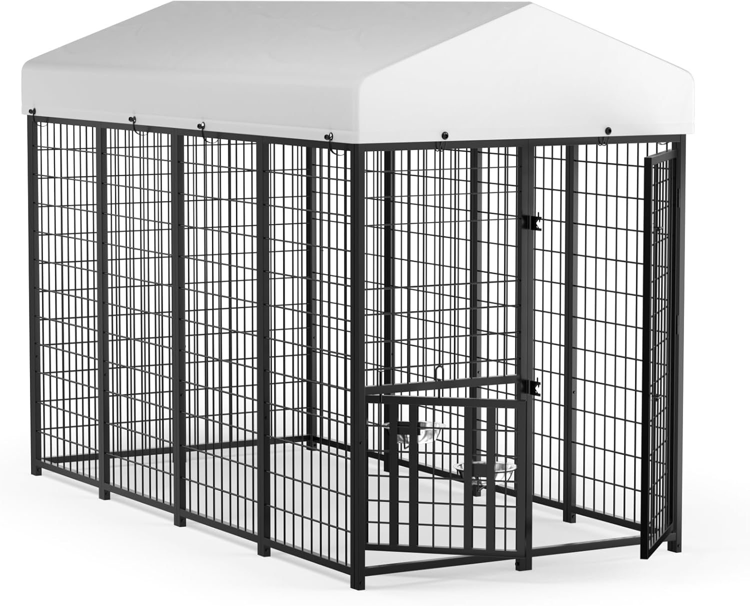 Outdoor Dog Kennel with Roof, Heavy Duty Steel Dog Run Enclosure for Large Dogs, Waterproof Canopy, Double Latch Door, Adjustable Feeding Bowls, Pet Pen for Yard and Patio