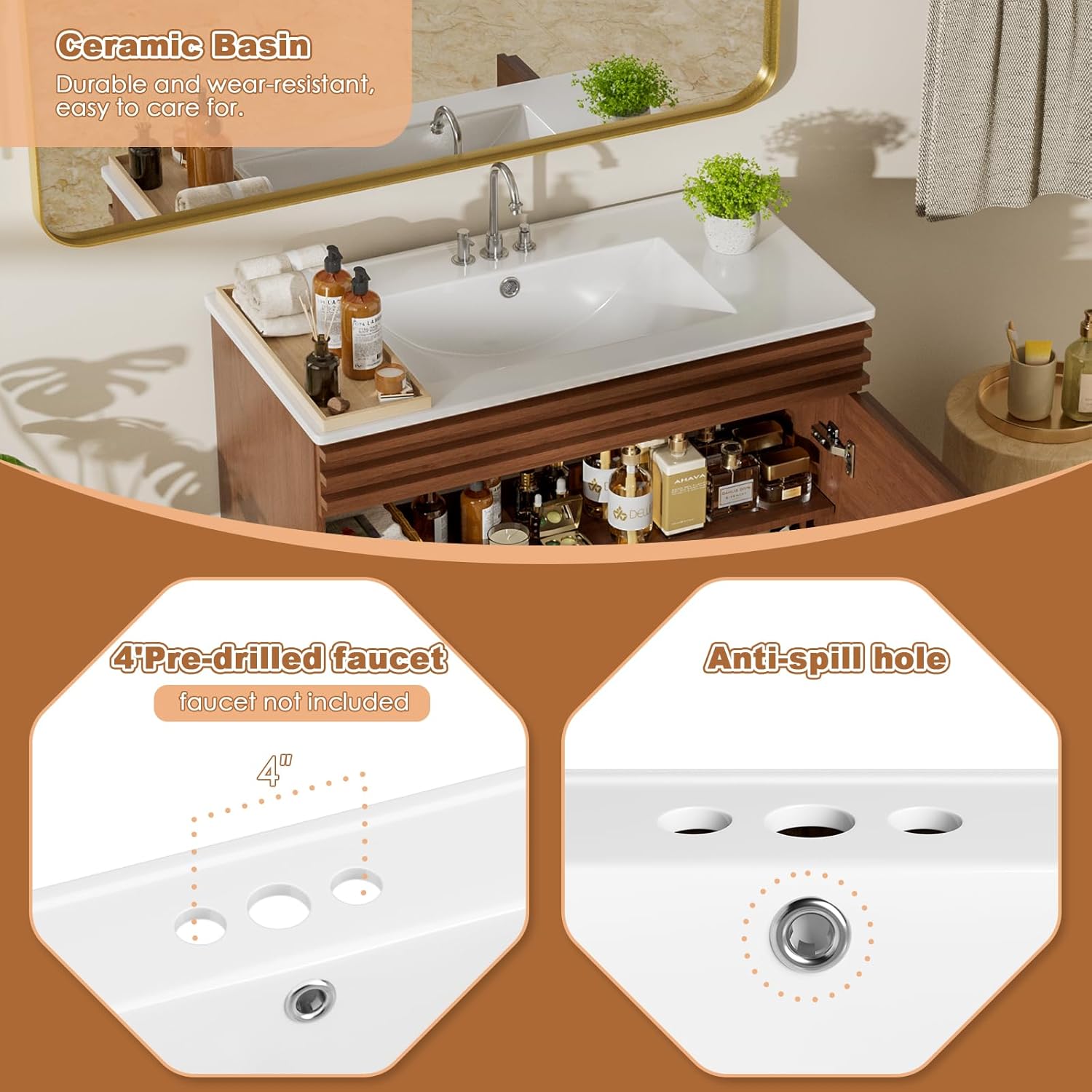 36" Bathroom Vanity with Sink, Mid-Century Freestanding Bathroom Vanity Sink with Storage, Undermount Ceramic Sink, Particleboard Frame with Wood Grain Laminate, Walnut