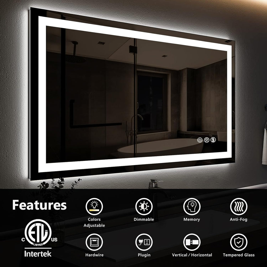 Led Mirror for Bathroom,Backlit Lighted,Anti-Fog, Dimmable, Vertical & Horizontal Mount