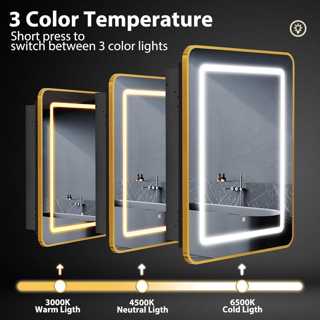 Lighted Medicine Cabinet with Mirror 20"x30", Bathroom Mirror Cabinet with Lights and Storage, Single Doors Bathroom Wall Cabinet with LED Lights,Gold