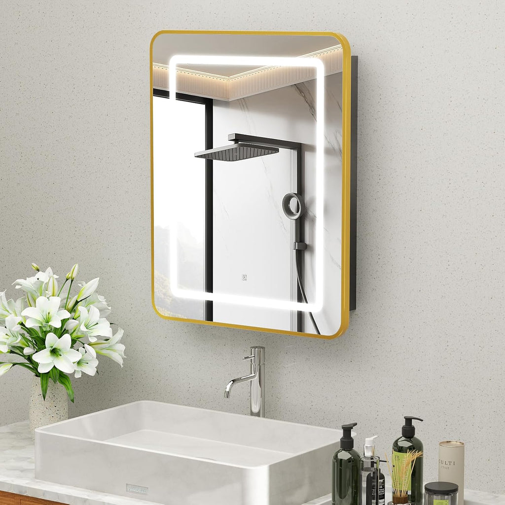 Lighted Medicine Cabinet with Mirror 20"x30", Bathroom Mirror Cabinet with Lights and Storage, Single Doors Bathroom Wall Cabinet with LED Lights,Gold