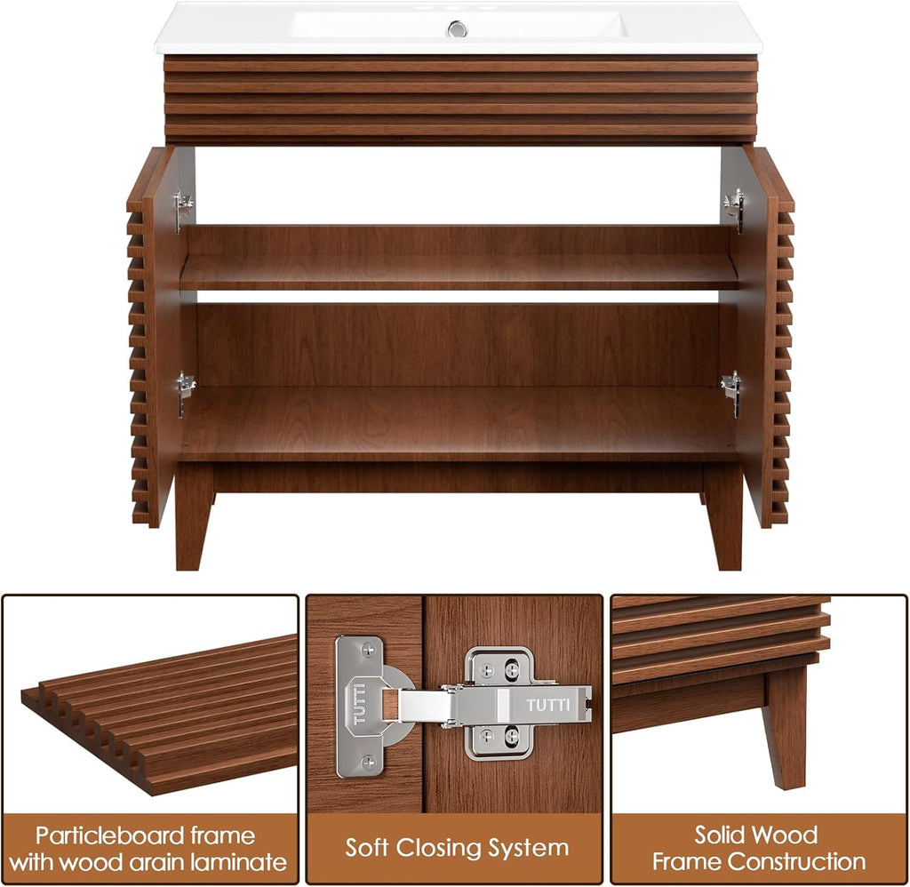 36" Bathroom Vanity with Sink, Mid-Century Freestanding Bathroom Vanity Sink with Storage, Undermount Ceramic Sink, Particleboard Frame with Wood Grain Laminate, Walnut