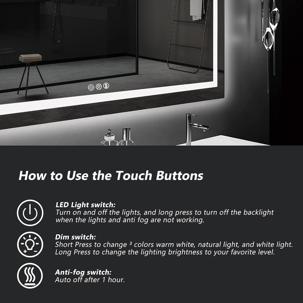 Led Mirror for Bathroom,Backlit Lighted,Anti-Fog, Dimmable, Vertical & Horizontal Mount