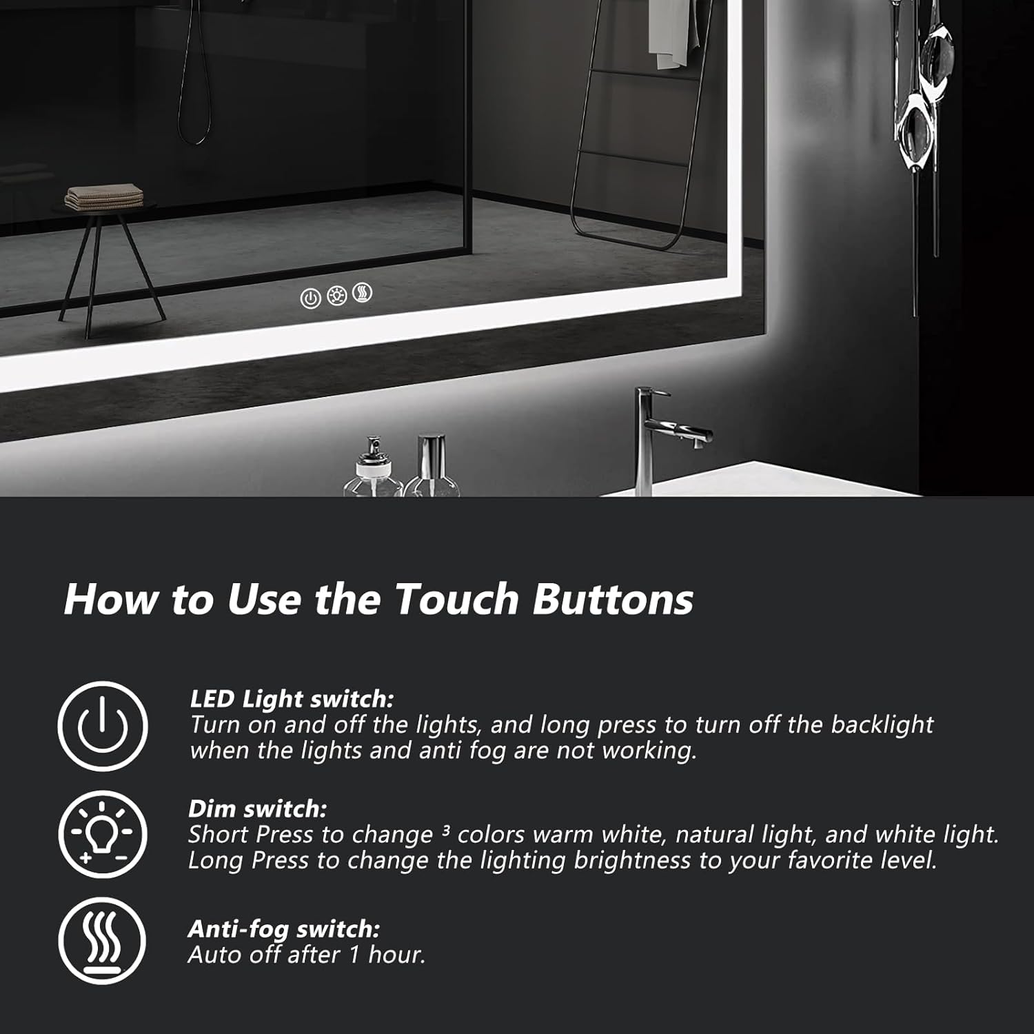 Led Mirror for Bathroom,Backlit Lighted,Anti-Fog, Dimmable, Vertical & Horizontal Mount