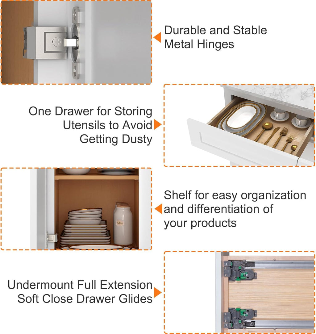 Kitchen Base Cabinets, Sideboard Storage Cabinet, Entryway Cabinet with 1-Drawer & Adjustable Shelf, 15" W X 24" D X 34-1/2"H