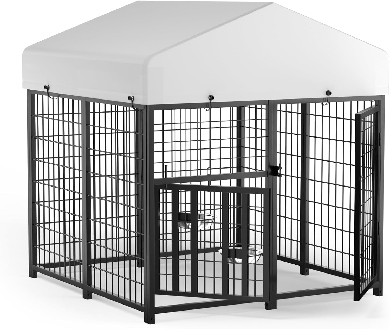 Outdoor Dog Kennel with Roof, Heavy Duty Steel Dog Run Enclosure for Large Dogs, Waterproof Canopy, Double Latch Door, Adjustable Feeding Bowls, Pet Pen for Yard and Patio