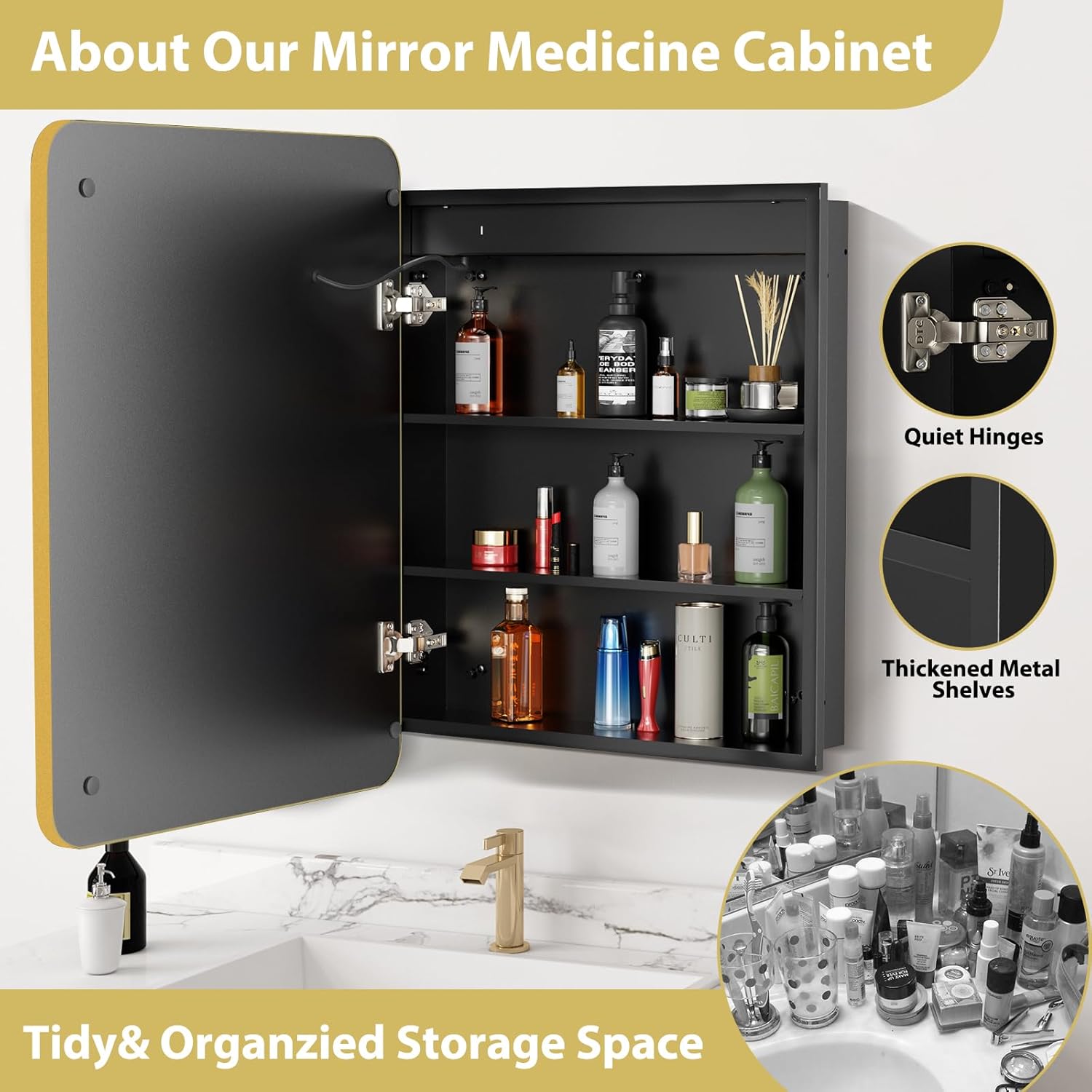 Lighted Medicine Cabinet with Mirror 20"x30", Bathroom Mirror Cabinet with Lights and Storage, Single Doors Bathroom Wall Cabinet with LED Lights,Gold