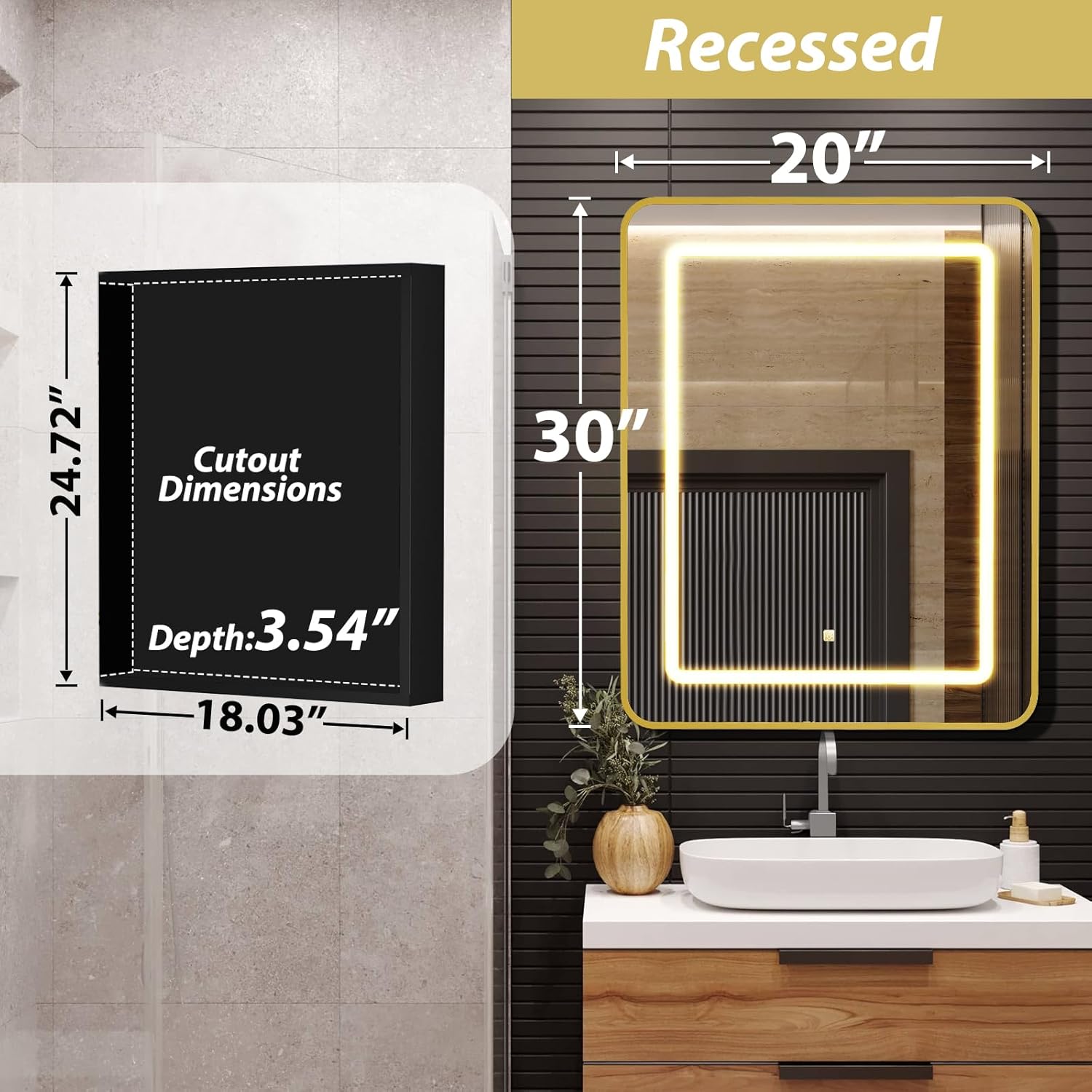 Lighted Medicine Cabinet with Mirror 20"x30", Bathroom Mirror Cabinet with Lights and Storage, Single Doors Bathroom Wall Cabinet with LED Lights,Gold