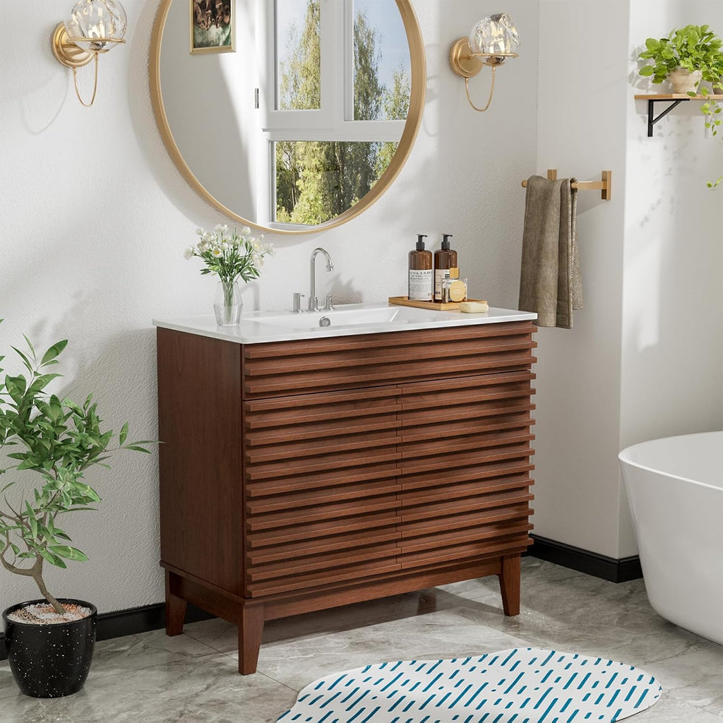 36" Bathroom Vanity with Sink, Mid-Century Freestanding Bathroom Vanity Sink with Storage, Undermount Ceramic Sink, Particleboard Frame with Wood Grain Laminate, Walnut