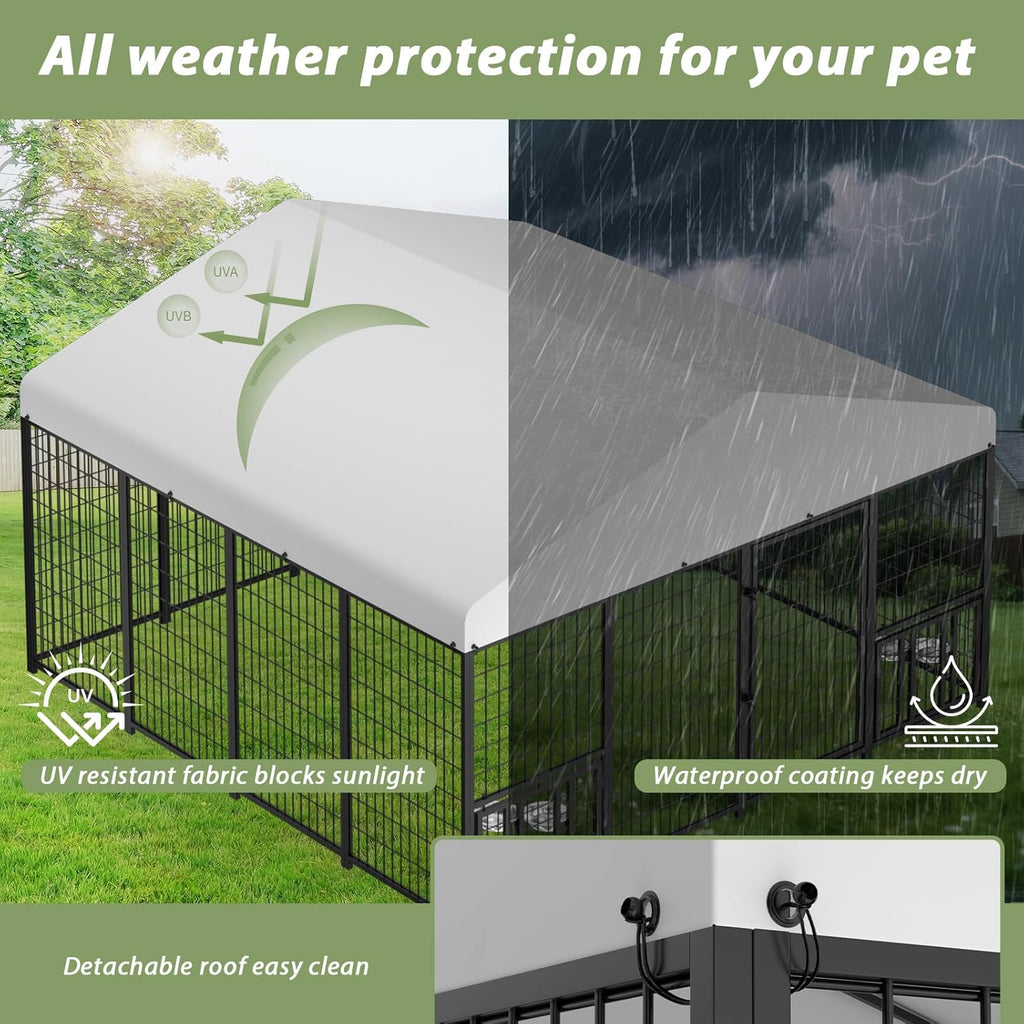 Outdoor Dog Kennel with Roof, Heavy Duty Steel Dog Run Enclosure for Large Dogs, Waterproof Canopy, Double Latch Door, Adjustable Feeding Bowls, Pet Pen for Yard and Patio