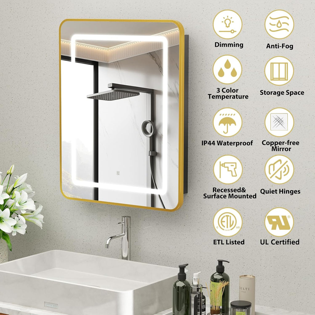 Lighted Medicine Cabinet with Mirror 20"x30", Bathroom Mirror Cabinet with Lights and Storage, Single Doors Bathroom Wall Cabinet with LED Lights,Gold