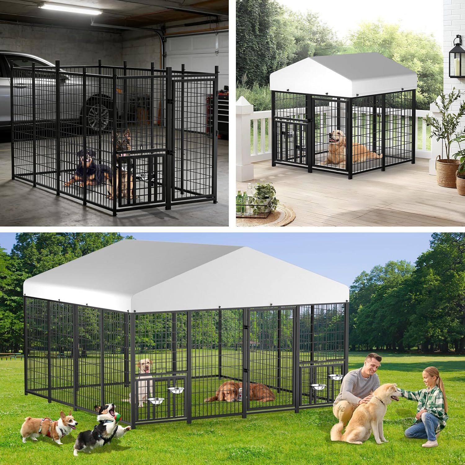 Outdoor Dog Kennel with Roof, Heavy Duty Steel Dog Run Enclosure for Large Dogs, Waterproof Canopy, Double Latch Door, Adjustable Feeding Bowls, Pet Pen for Yard and Patio
