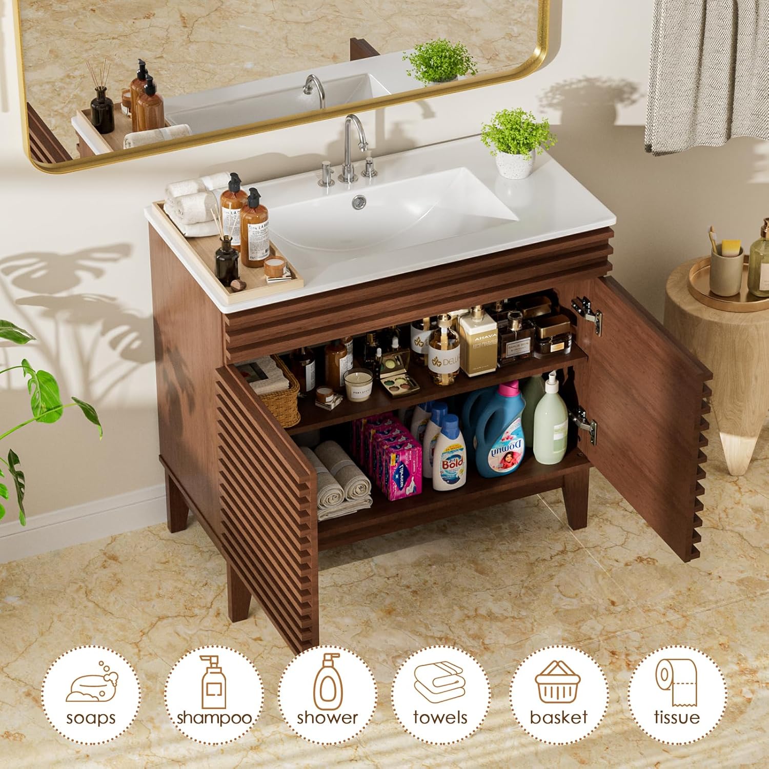 36" Bathroom Vanity with Sink, Mid-Century Freestanding Bathroom Vanity Sink with Storage, Undermount Ceramic Sink, Particleboard Frame with Wood Grain Laminate, Walnut
