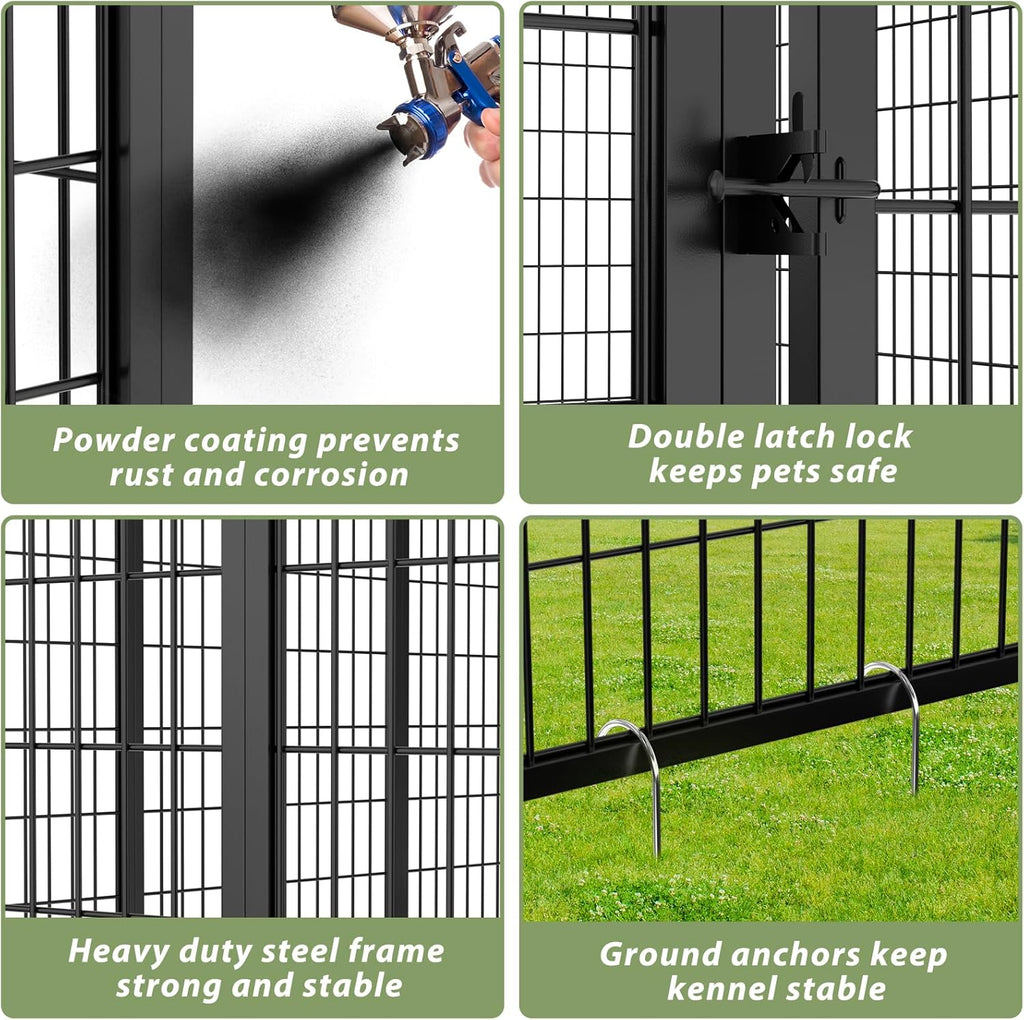 Outdoor Dog Kennel with Roof, Heavy Duty Steel Dog Run Enclosure for Large Dogs, Waterproof Canopy, Double Latch Door, Adjustable Feeding Bowls, Pet Pen for Yard and Patio