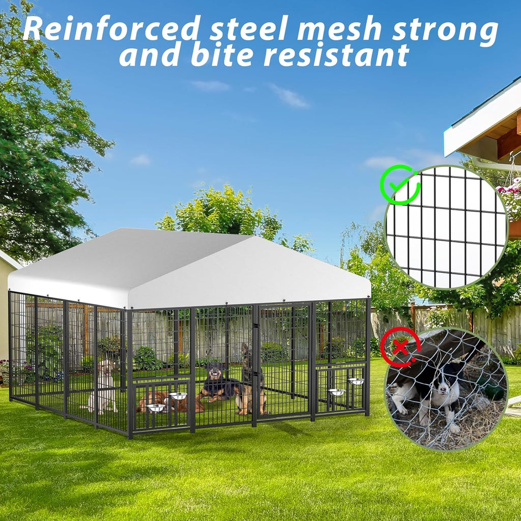 Outdoor Dog Kennel with Roof, Heavy Duty Steel Dog Run Enclosure for Large Dogs, Waterproof Canopy, Double Latch Door, Adjustable Feeding Bowls, Pet Pen for Yard and Patio