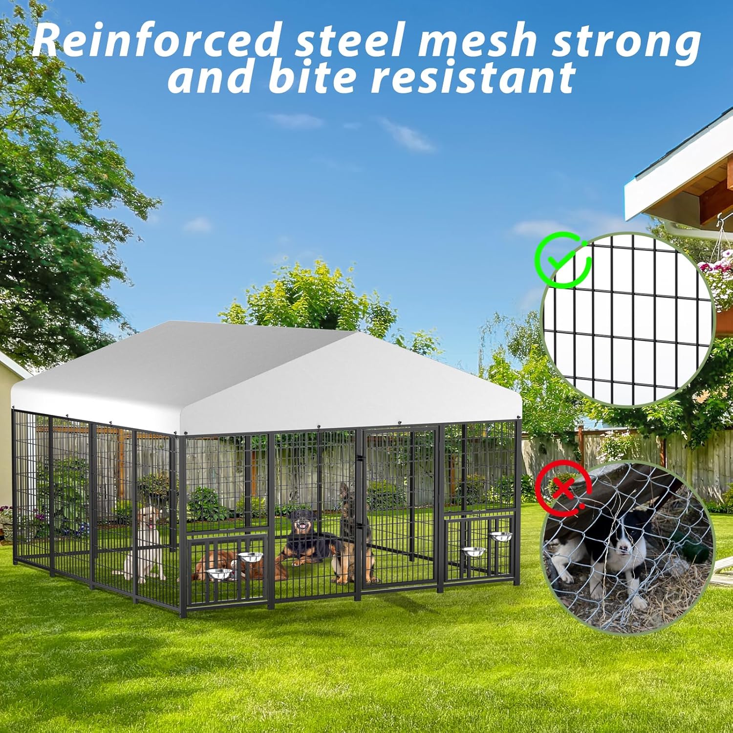 Outdoor Dog Kennel with Roof, Heavy Duty Steel Dog Run Enclosure for Large Dogs, Waterproof Canopy, Double Latch Door, Adjustable Feeding Bowls, Pet Pen for Yard and Patio
