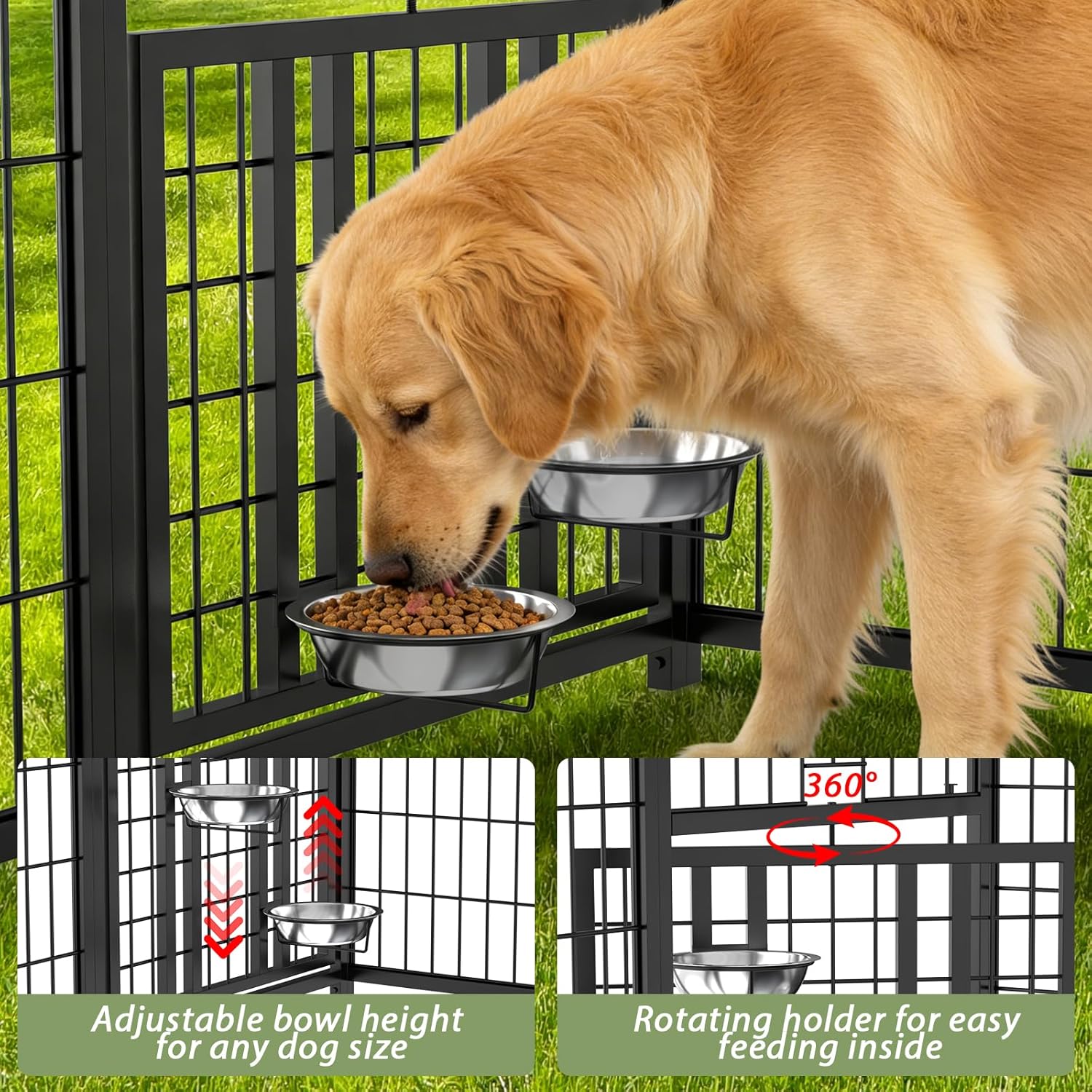 Outdoor Dog Kennel with Roof, Heavy Duty Steel Dog Run Enclosure for Large Dogs, Waterproof Canopy, Double Latch Door, Adjustable Feeding Bowls, Pet Pen for Yard and Patio