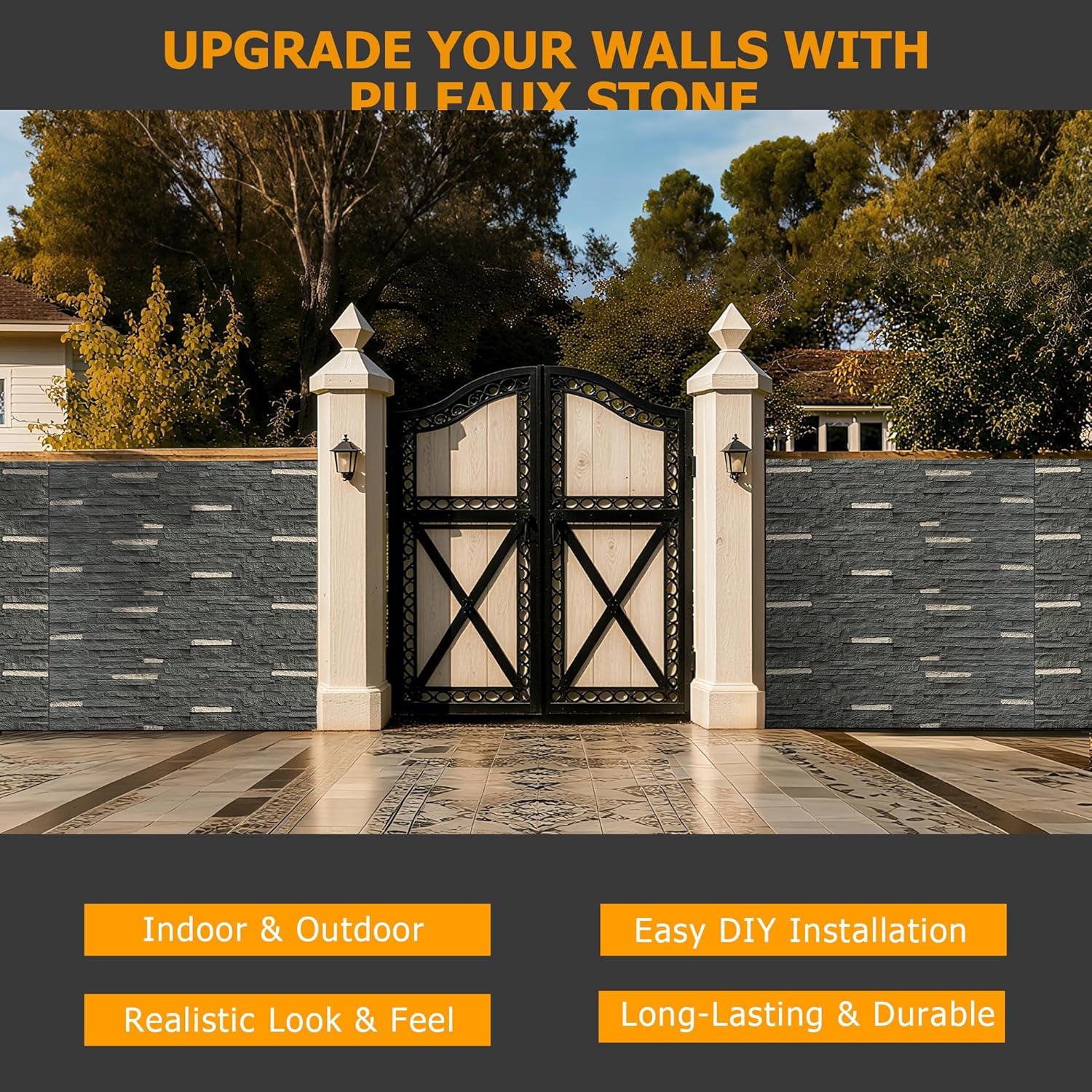 6-Packs Faux Stone Wall Covering Panels for Interior and Exterior Decor, PU Stone Veneer Exterior, Exterior Siding Panels for DIY Home Improvement Projects, 46.46" x 12.99"