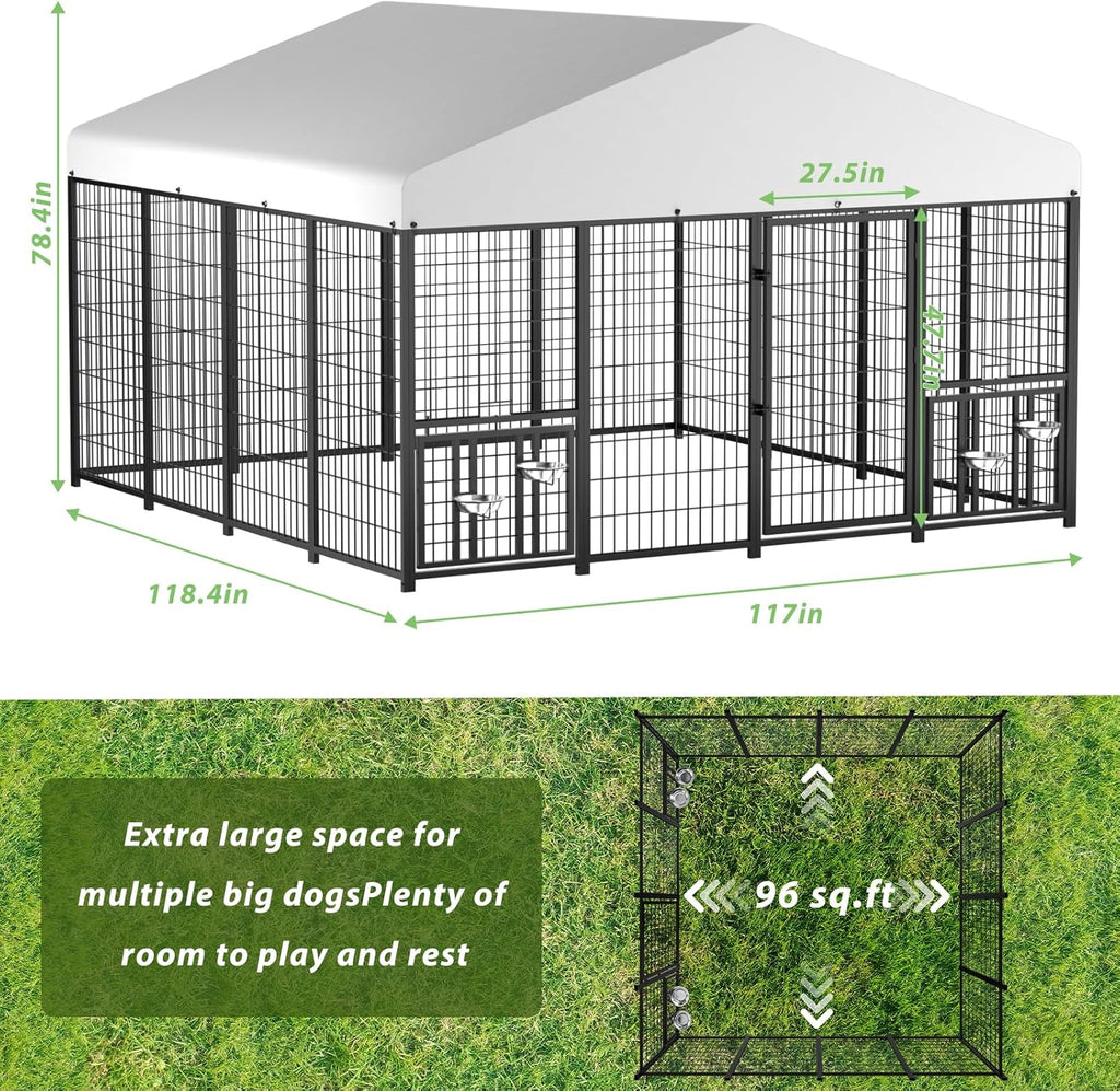 Outdoor Dog Kennel with Roof, Heavy Duty Steel Dog Run Enclosure for Large Dogs, Waterproof Canopy, Double Latch Door, Adjustable Feeding Bowls, Pet Pen for Yard and Patio