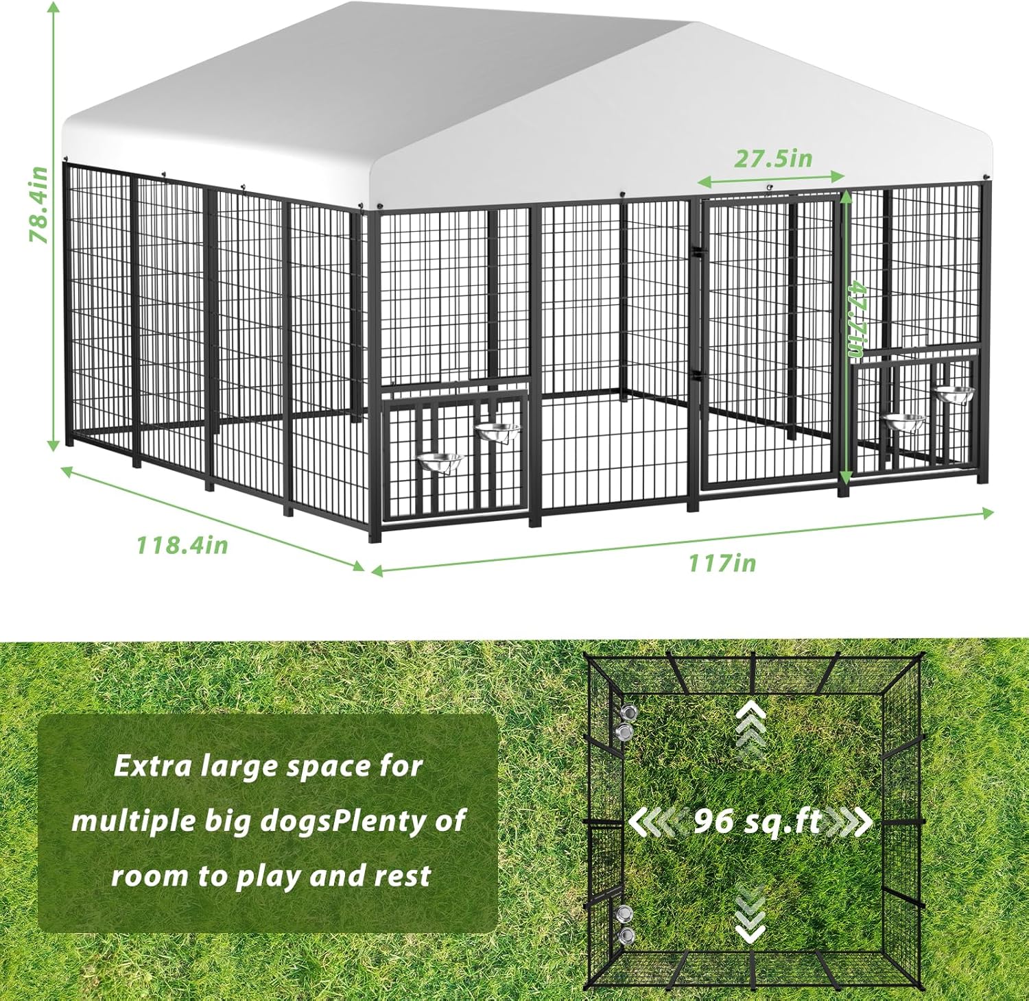 Outdoor Dog Kennel with Roof, Heavy Duty Steel Dog Run Enclosure for Large Dogs, Waterproof Canopy, Double Latch Door, Adjustable Feeding Bowls, Pet Pen for Yard and Patio